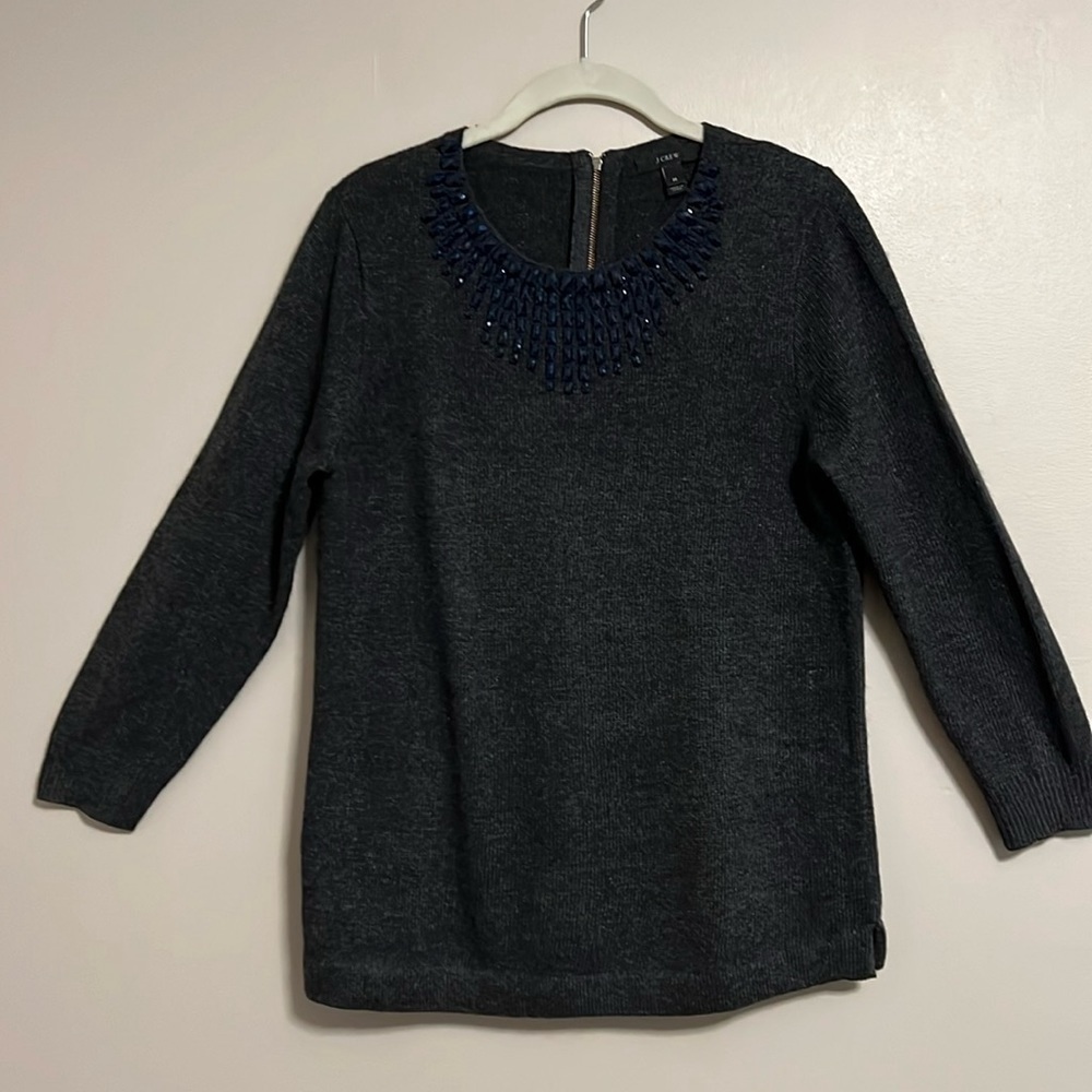 J. Crew Beaded Wool Blend Soft Sweater 3/4‎ Length Sleeves Dark Grey Size Medium
